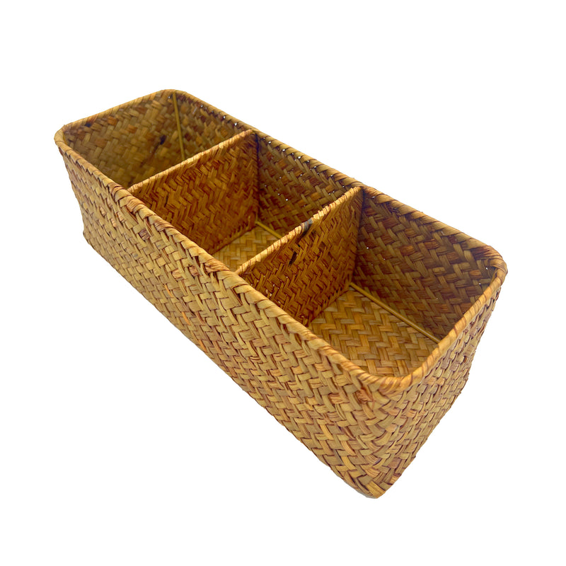 Handwoven Rattan Storage Organizer – 3 Compartment Basket for Kitchen & Office
