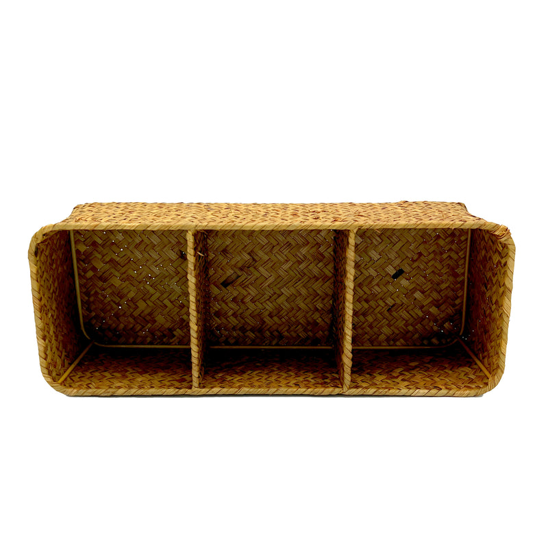 Handwoven Rattan Storage Organizer – 3 Compartment Basket for Kitchen & Office