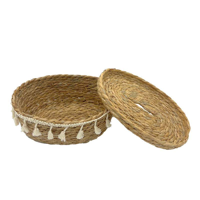 Set of 2 Handwoven Seagrass Home Accessories – Storage Basket & Lidded Tissue Box with Tassels
