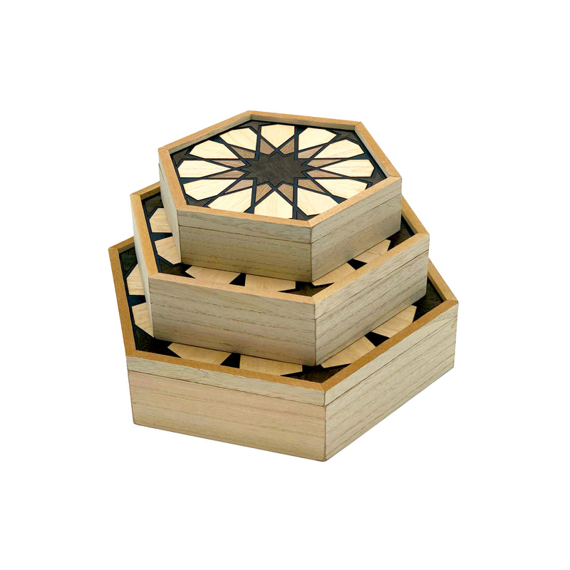 Hexagonal Wooden Storage Box Set – Geometric Decorative Organizers