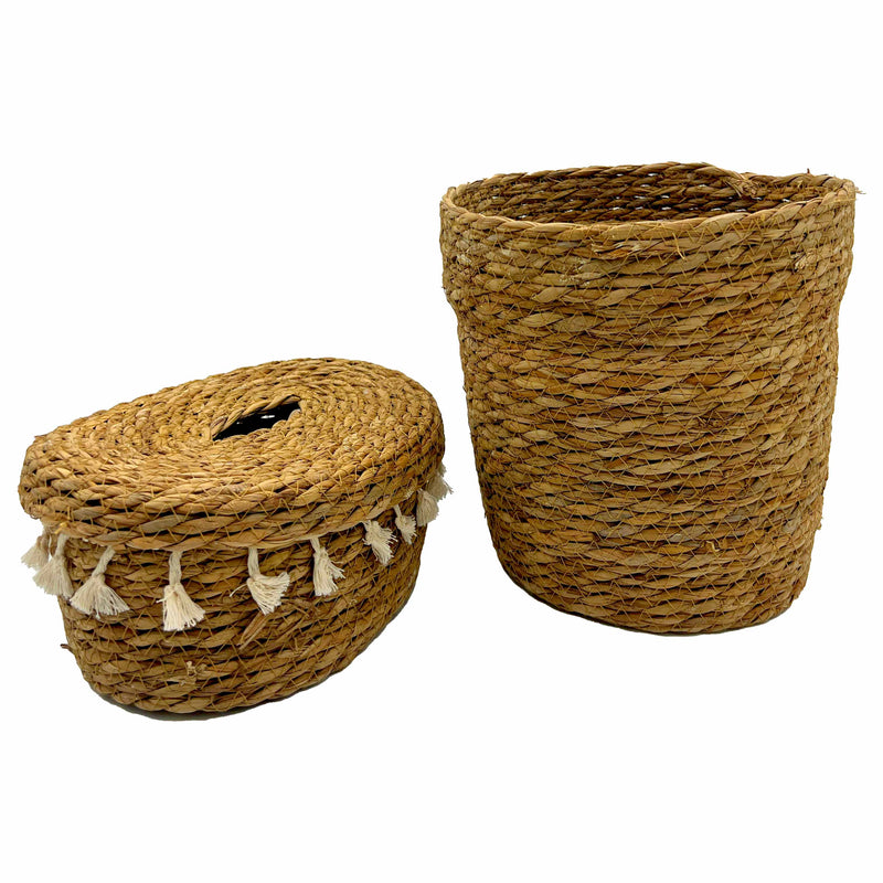 Set of 2 Handwoven Seagrass Home Accessories – Storage Basket & Lidded Tissue Box with Tassels