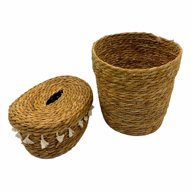 Set of 2 Handwoven Seagrass Home Accessories – Storage Basket & Lidded Tissue Box with Tassels